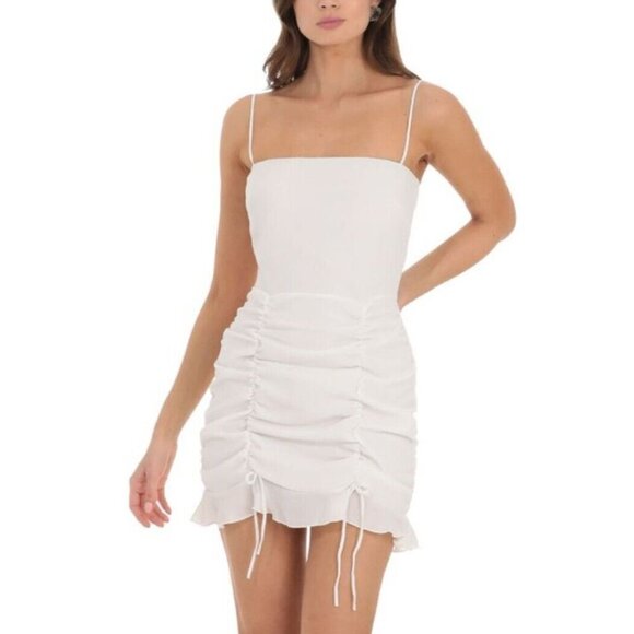 Lucy In The Sky Womens Ruffle Dress Size L Ivory Cinched Ruched Y2K 2000s Retro - Picture 1 of 16
